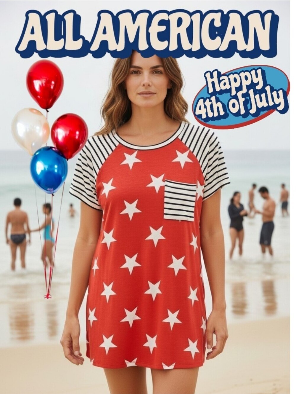 Heimlsh USA -Tunic Top, Short Sleeve , Red, White & Blue, Stars, Pocket